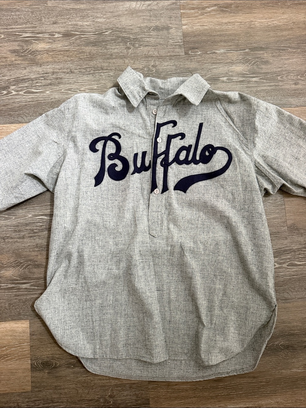 Ebbets Field Flannels Gray Shirt with Navy Buffalo Script- RARE